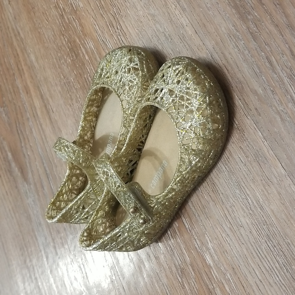 (8) Mini Melissa x Campana Sparkly Scented Kids Mary Jane Jelly Shoes Metallic
